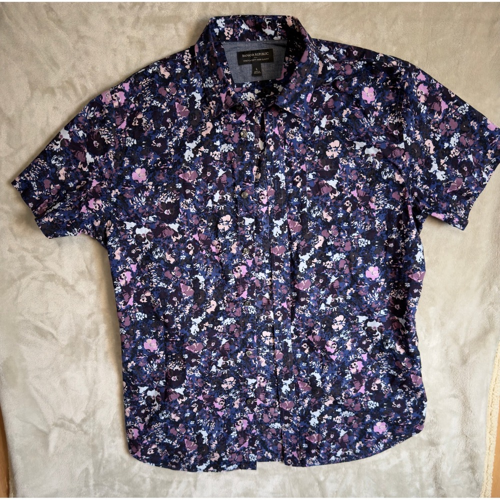 Banana Republic Mens Large Slim Fit Stretch Soft Wash Floral Short Sleeve Shirt